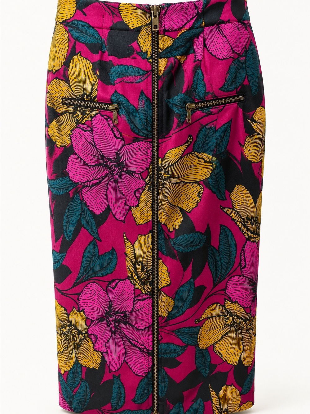 Worthington Bold Women's Yellow Purple Black Floral Midi Pencil Zip Skirt Size 6